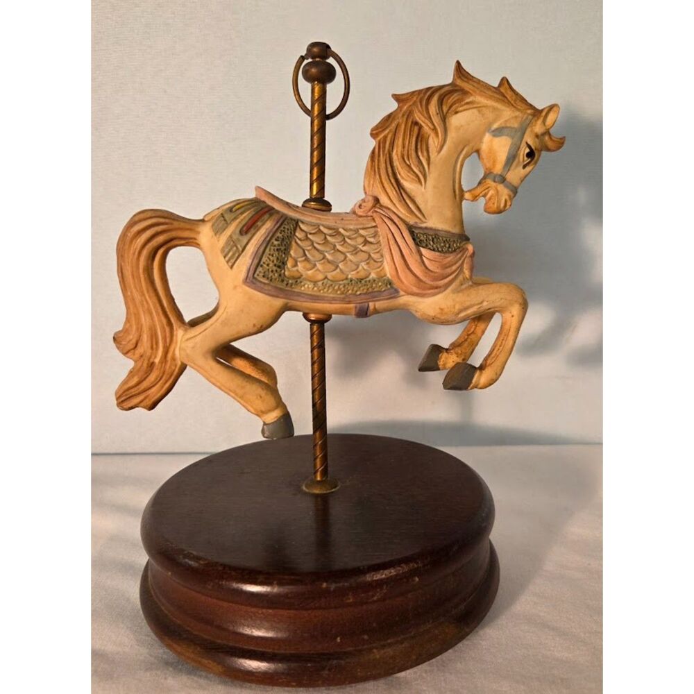 Vintage Carousel Horse Music Box Wood Base Taiwan Wind Up Works